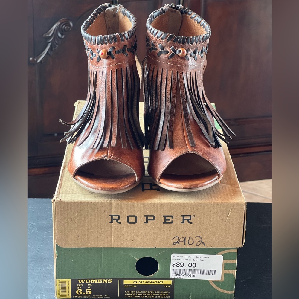 Roper vintage tan leather with fringe 3”heel open toe mule with close back